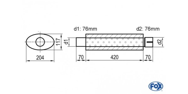 FOX Uni-Schalldämpfer oval mit Stutzen - Abwicklung 525 204x117mm, d1Ø 76mm d2Ø 76,5mm, Länge: 420mm