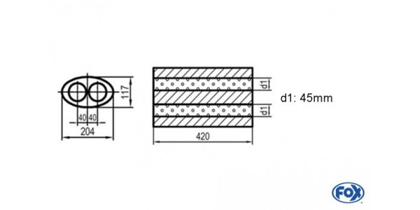 FOX Uni-Schalldämpfer oval zweiflutig - Abwicklung 525 204x117mm, d1Ø 45mm, Länge: 420mm