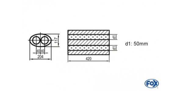 FOX Uni-Schalldämpfer oval zweiflutig - Abwicklung 525 204x117mm, d1Ø 50mm, Länge: 420mm