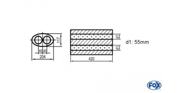 FOX Uni-Schalldämpfer oval zweiflutig - Abwicklung 525 204x117mm, d1Ø 55mm, Länge: 420mm