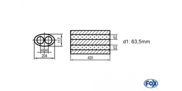 FOX Uni-Silencer oval double flow - completion 525 204x117mm, d1Ø 63,5mm, length: 420mm