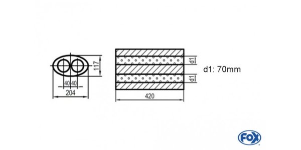 FOX Uni-Schalldämpfer oval zweiflutig - Abwicklung 525 204x117mm, d1Ø 70mm, Länge: 420mm