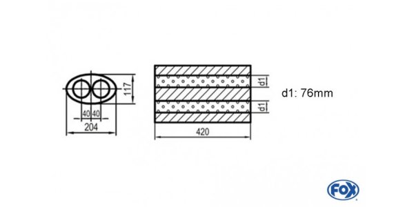 FOX Uni-Silencer oval double flow - completion 525 204x117mm, d1Ø 76mm, length: 420mm