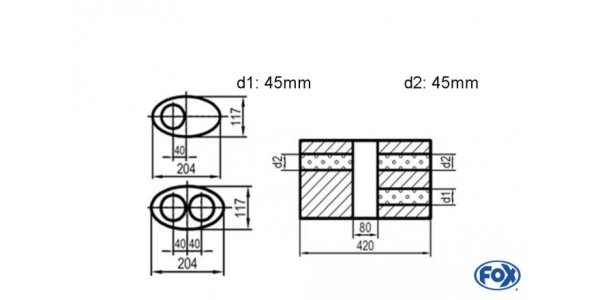 FOX Uni-Silencer oval double flow with chamber -completion 525 204x117mm, d1Ø 45mm d2Ø 40mm, length: 420mm - variant 1