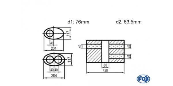 FOX Uni-Silencer oval double flow with chamber -completion 525 204x117mm, d1Ø 76mm d2Ø 63,5mm, length: 420mm - variant 1