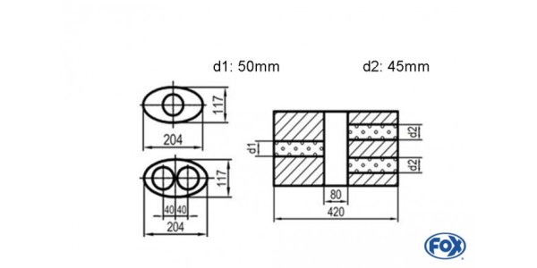 FOX Uni-Silencer oval double flow with chamber - Abw. 525 204x117mm, d1Ø 50mm d2Ø 45mm, length: 420mm - variant 2