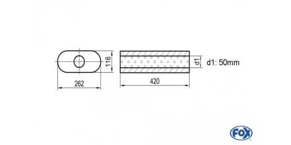 FOX Uni-Schalldämpfer oval ohne Stutzen - Abwicklung 650 262x116mm, d1Ø 50mm, Länge: 420mm