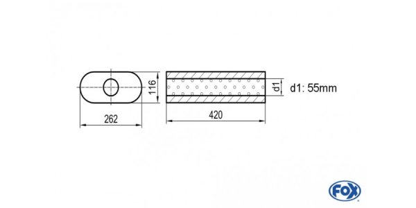 FOX Uni-Schalldämpfer oval ohne Stutzen - Abwicklung 650 262x116mm, d1Ø 55mm, Länge: 420mm