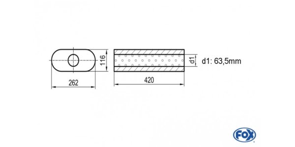 FOX Uni-Schalldämpfer oval ohne Stutzen - Abwicklung 650 262x116mm, d1Ø 63,5mm, Länge: 420mm