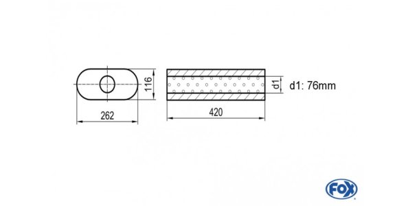 FOX Uni-Schalldämpfer oval ohne Stutzen - Abwicklung 650 262x116mm, d1Ø 76mm, Länge: 420mm