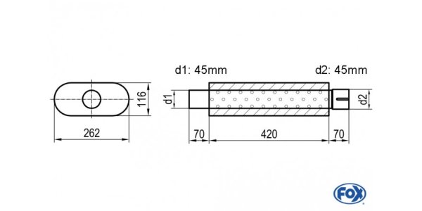 FOX Uni-Schalldämpfer oval mit Stutzen - Abwicklung 650 262x116mm, d1Ø 45mm d2Ø 45,5mm, Länge: 420mm