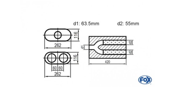 FOX Uni-Schalldämpfer oval zweiflutig mit Hose - Abwicklung 650 262x116mm, d1Ø 63,5mm d2Ø 55mm, Länge: 420mm