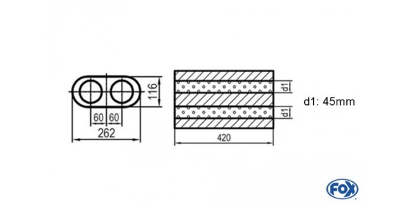 FOX Uni-Silencer oval double flow - completion 650 262x116mm, d1Ø 45mm, length: 420mm