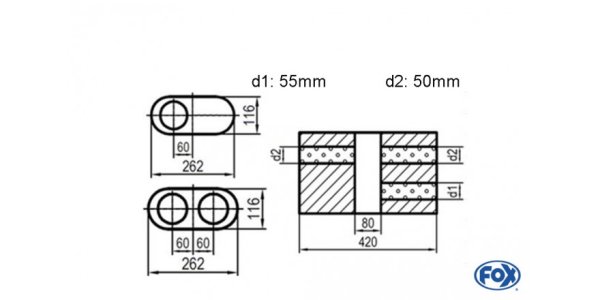 FOX Uni-Silencer oval double flow with chamber - Abw. 650 262x116mm, d1Ø 55mm d2Ø 50mm, length: 420mm - variant 1