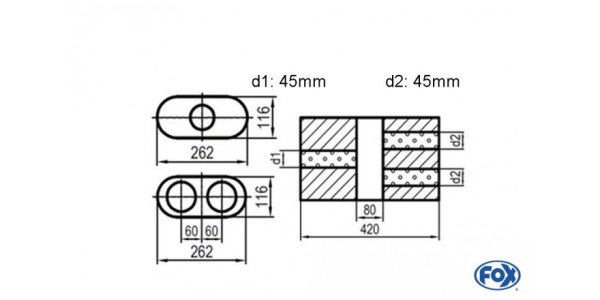 FOX Uni-Silencer oval double flow with chamber - Abw. 650 262x116mm, d1Ø 45mm d2Ø 40mm, length: 420mm - variant 2