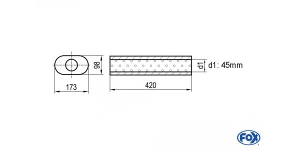 FOX Uni-Schalldämpfer oval ohne Stutzen - Abwicklung 450 173x98mm, d1Ø 45mm, Länge: 420mm