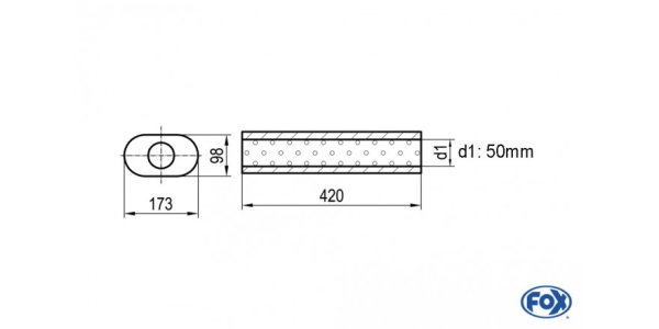 FOX Uni-Schalldämpfer oval ohne Stutzen - Abwicklung 450 173x98mm, d1Ø 50mm, Länge: 420mm