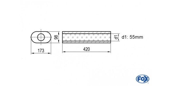 FOX Uni-Schalldämpfer oval ohne Stutzen - Abwicklung 450 173x98mm, d1Ø 55mm, Länge: 420mm