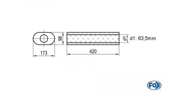 FOX Uni-Schalldämpfer oval ohne Stutzen - Abwicklung 450 173x98mm, d1Ø 63,5mm, Länge: 420mm