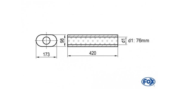 FOX Uni-Schalldämpfer oval ohne Stutzen - Abwicklung 450 173x98mm, d1Ø 76mm, Länge: 420mm