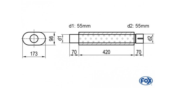 FOX Uni-Schalldämpfer oval mit Stutzen - Abwicklung 450 173x98mm, d1Ø 55mm d2Ø 55,5mm, Länge: 420mm