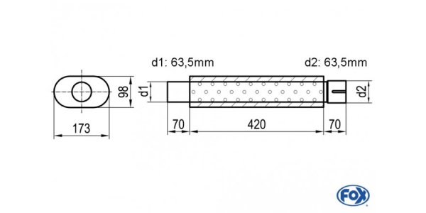 FOX Uni-Schalldämpfer oval mit Stutzen - Abwicklung 450 173x98mm, d1Ø 63,5mm d2Ø 64mm, Länge: 420mm