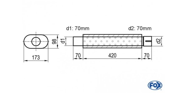 FOX Uni-Schalldämpfer oval mit Stutzen - Abwicklung 450 173x98mm, d1Ø 70mm d2Ø 70,5mm, Länge: 420mm