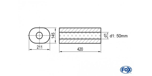 FOX Uni-Schalldämpfer oval ohne Stutzen - Abwicklung 585 211x145mm, d1Ø 50mm, Länge: 420mm