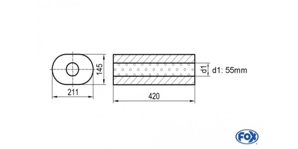 FOX Uni-Schalldämpfer oval ohne Stutzen - Abwicklung 585 211x145mm, d1Ø 55mm, Länge: 420mm