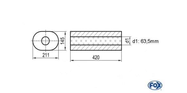 FOX Uni-Schalldämpfer oval ohne Stutzen - Abwicklung 585 211x145mm, d1Ø 63,5mm, Länge: 420mm