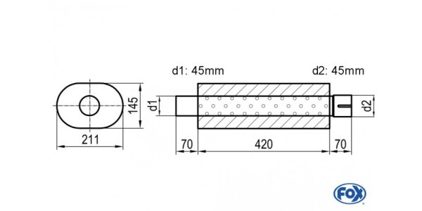 FOX Uni-Schalldämpfer oval mit Stutzen - Abwicklung 585 211x145mm, d1Ø 45mm d2Ø 45,5mm, Länge: 420mm