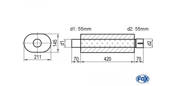 FOX Uni-Schalldämpfer oval mit Stutzen - Abwicklung 585 211x145mm, d1Ø 55mm d2Ø 55,5mm, Länge: 420mm