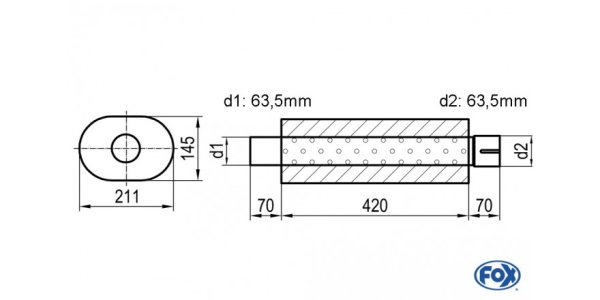 FOX Uni-Schalldämpfer oval mit Stutzen - Abwicklung 585 211x145mm, d1Ø 63,5mm d2Ø 64mm, Länge: 420mm