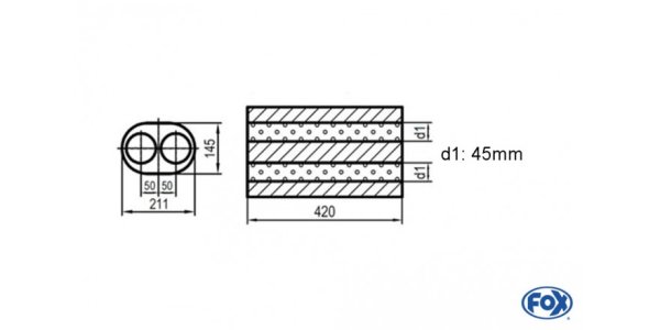 FOX Uni-Schalldämpfer oval zweiflutig - Abwicklung 585 211x145mm, d1Ø 45mm, Länge: 420mm