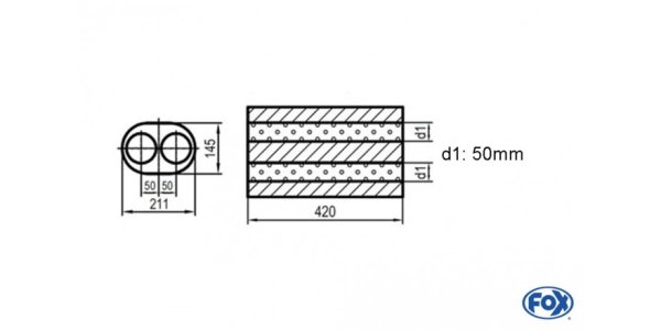 FOX Uni-Schalldämpfer oval zweiflutig - Abwicklung 585 211x145mm, d1Ø 50mm, Länge: 420mm