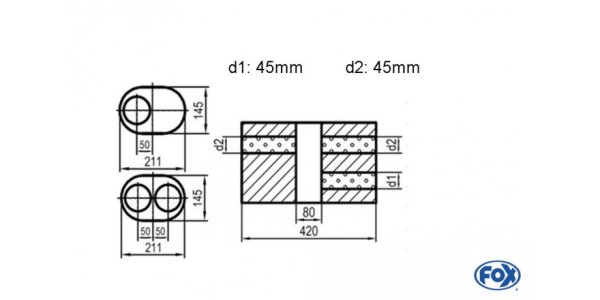 FOX Uni-Silencer oval double flow with chamber -completion 585 211x145mm, d1Ø 45mm d2Ø 40mm, length: 420mm - variant 1