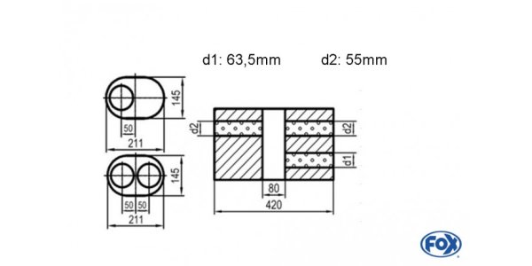 FOX Uni-Silencer oval double flow with chamber -completion 585 211x145mm, d1Ø 63,5mm d2Ø 55 mm, length: 420mm - variant 1