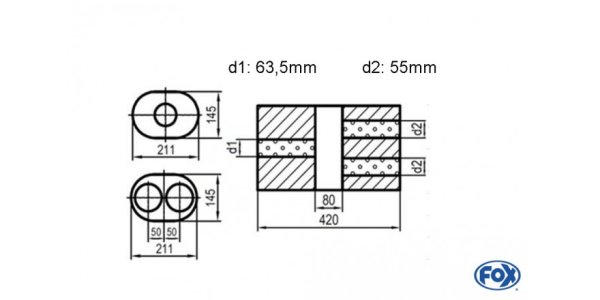 FOX Uni-Silencer oval double flow with chamber - Abw. 585 211x145mm, d1Ø 63,5mm d2Ø 55mm, length: 420mm - variant 2