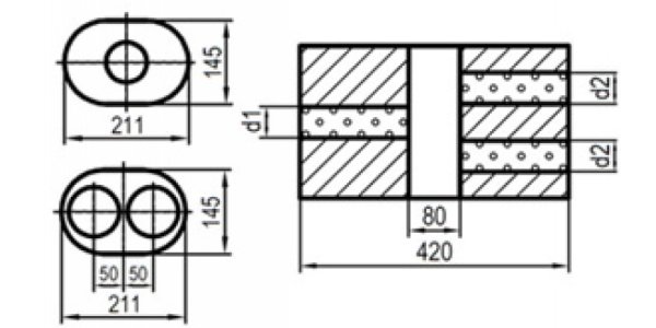 FOX Uni-Schalldämpfer oval zweiflutig mit Kammer - Abw. 585 211x145mm, d1Ø 76mm d2Ø 63,5mm, Länge: 420mm - Variante 2