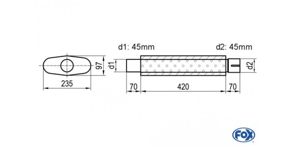 FOX Uni-Schalldämpfer oval mit Stutzen - Abwicklung 558 235x97mm, d1Ø 45mm d2Ø 45,5mm, Länge: 420mm