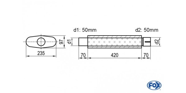 FOX Uni-Schalldämpfer oval mit Stutzen - Abwicklung 558 235x97mm, d1Ø 50mm d2Ø 50,5mm, Länge: 420mm