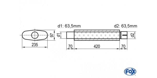 FOX Uni-Silencer oval with Nozzle - completion 558 235x97mm, d1Ø 63,5mm d2Ø 64mm, length: 420mm