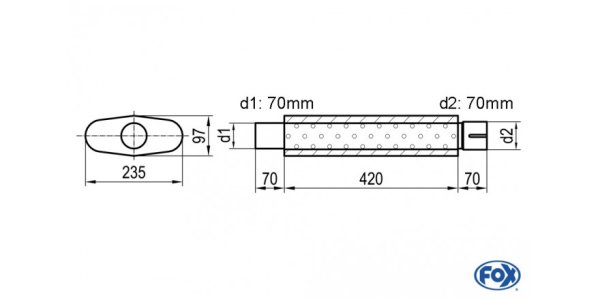 FOX Uni-Schalldämpfer oval mit Stutzen - Abwicklung 558 235x97mm, d1Ø 70mm d2Ø 70,5mm, Länge: 420mm