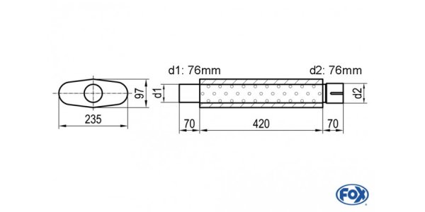 FOX Uni-Schalldämpfer oval mit Stutzen - Abwicklung 558 235x97mm, d1Ø 76mm d2Ø 76,5mm, Länge: 420mm