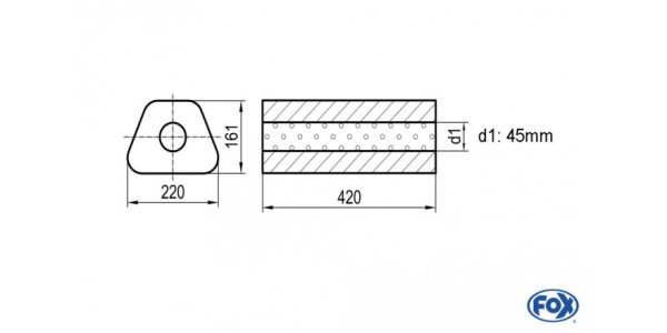 FOX Uni-Schalldämpfer Trapezoid ohne Stutzen - Abwicklung 644 220x161mm, d1Ø 45mm, Länge: 420mm