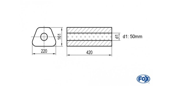 FOX Uni-Schalldämpfer Trapezoid ohne Stutzen - Abwicklung 644 220x161mm, d1Ø 50mm, Länge: 420mm