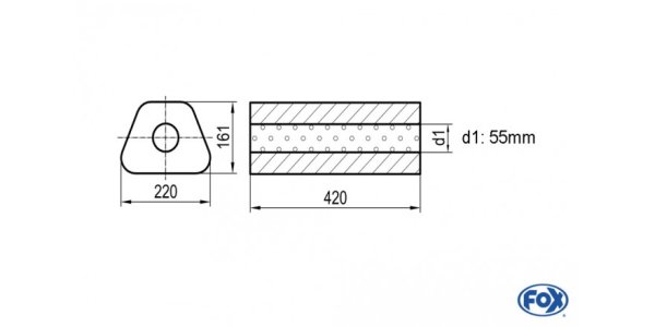 FOX Uni-Schalldämpfer Trapezoid ohne Stutzen - Abwicklung 644 220x161mm, d1Ø 55mm, Länge: 420mm