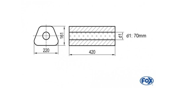 FOX Uni-Schalldämpfer Trapezoid ohne Stutzen - Abwicklung 644 220x161mm, d1Ø 70mm, Länge: 420mm