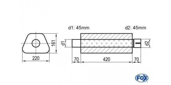 FOX Uni-Schalldämpfer Trapezoid mit Stutzen - Abwicklung 644 220x161mm, d1Ø 45mm d2Ø 45,5mm, Länge: 420mm