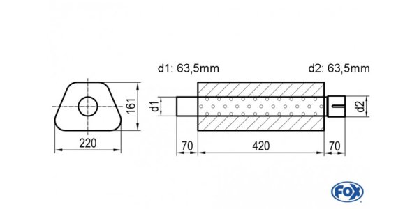 FOX Uni-Schalldämpfer Trapezoid mit Stutzen - Abwicklung 644 220x161mm, d1Ø 63,5mm d2Ø 64mm, Länge: 420mm